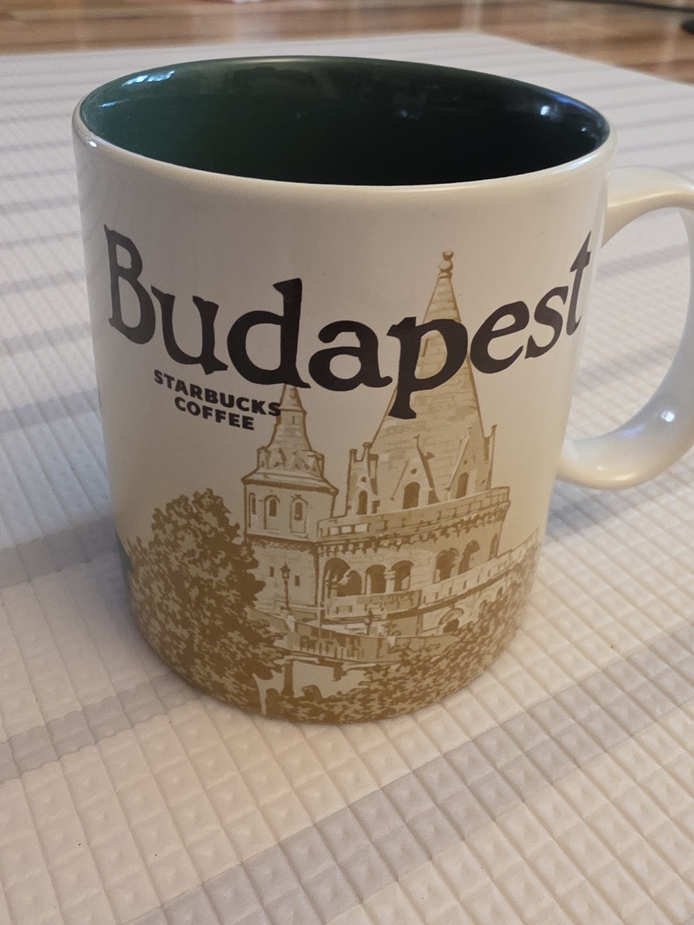 Starbucks Budapest Ceramic City Mug - White with Green Interior
